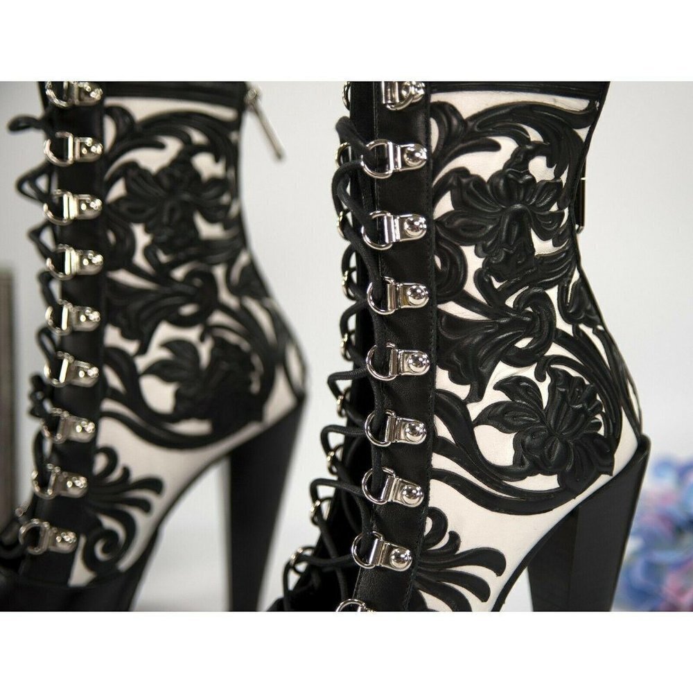 Balmain Floral Tooled Leather Lace Up Boots 37 - Picture 2 of 11